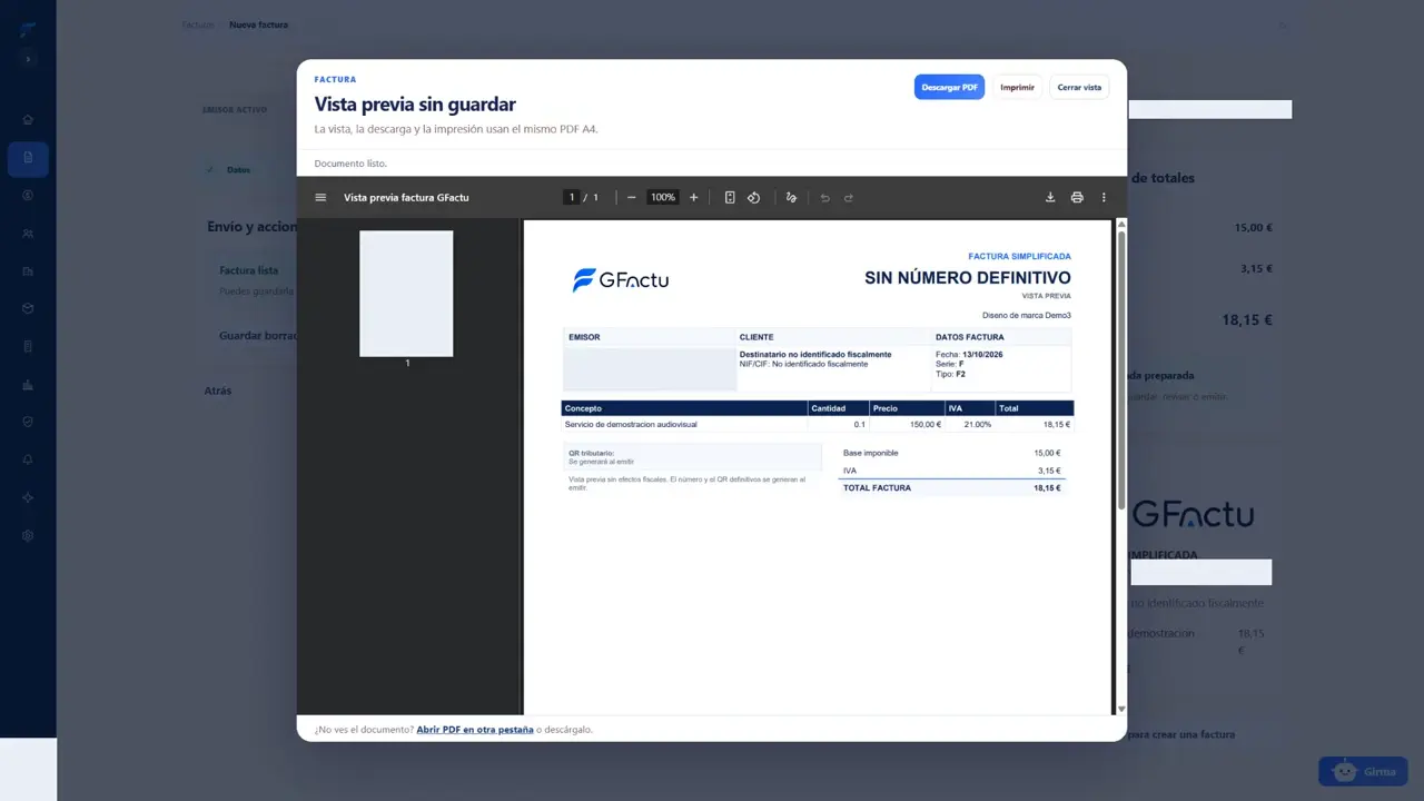 Interfaz real de GFactu: vista previa de una factura