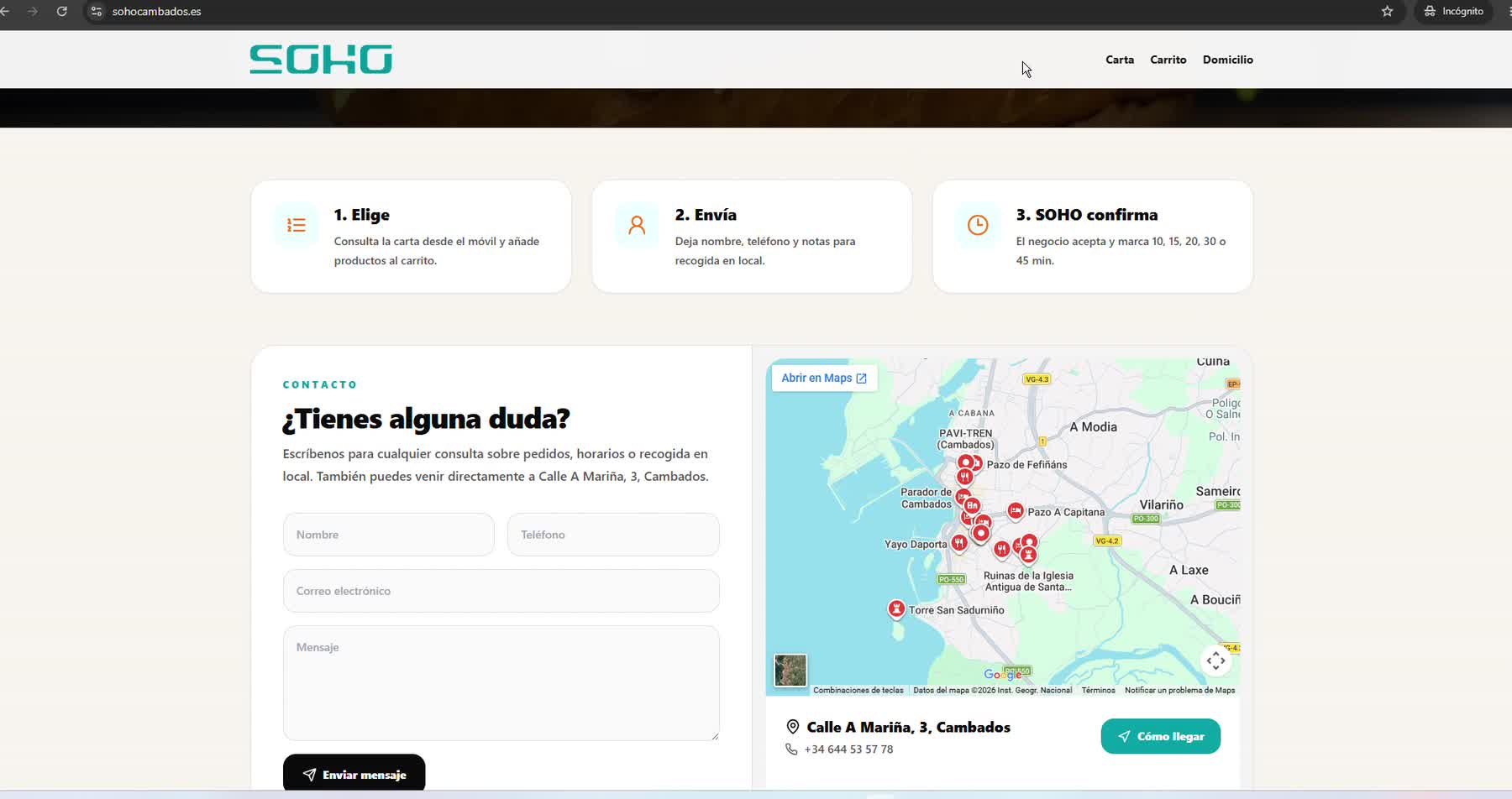 Web de SOHO Cambados, con carta y pedidos online